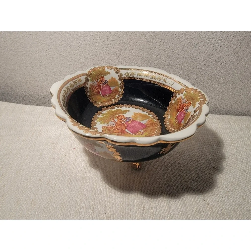 FRAGONARD VINTAGE COBALT GOLD EUROPEAN DESIGN DECORATIVE PORCELAIN BOWL‎